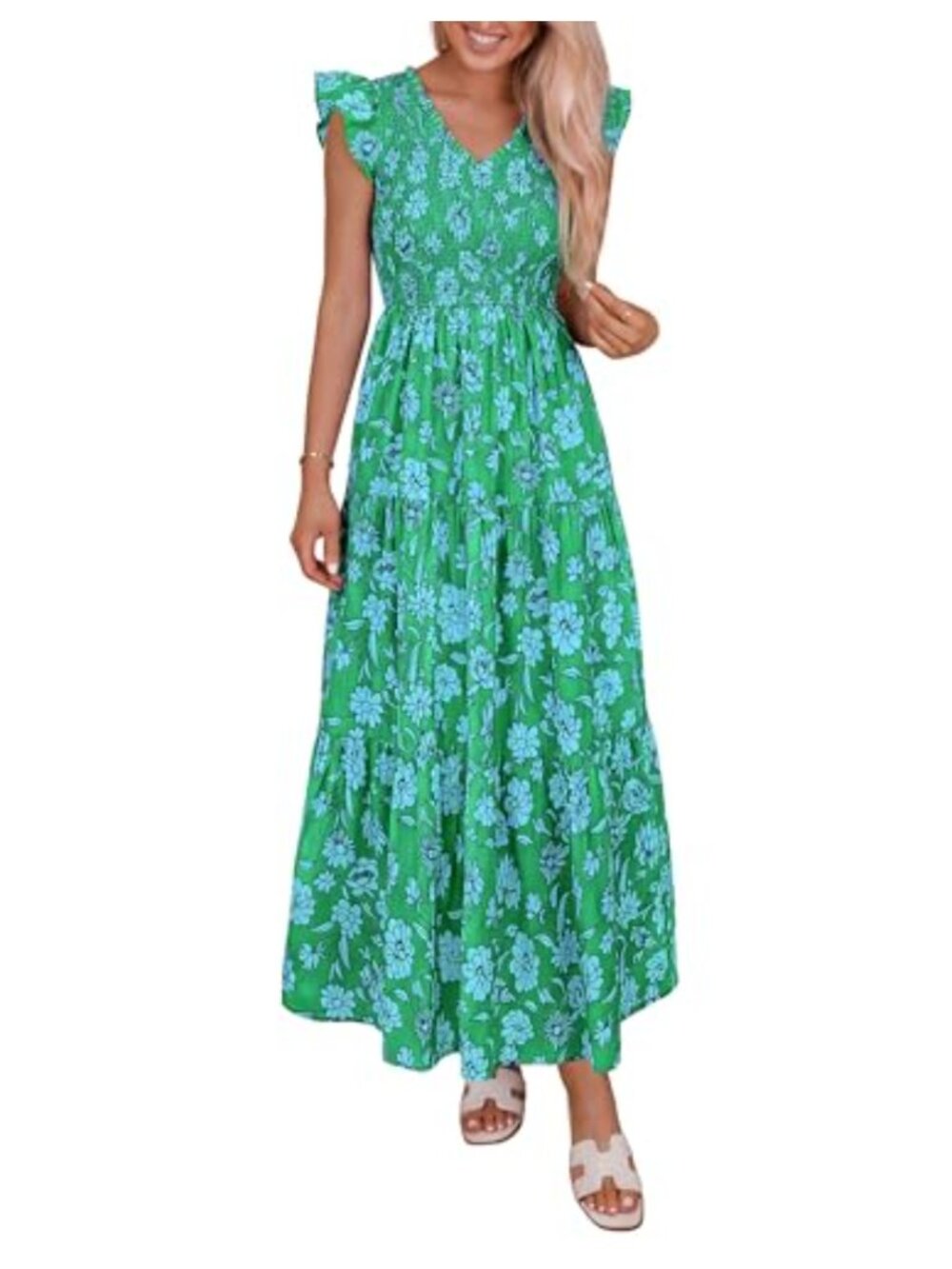 Boho Floral Maxi Dress V-Neck Ruffle Sleeve Smocked Summer